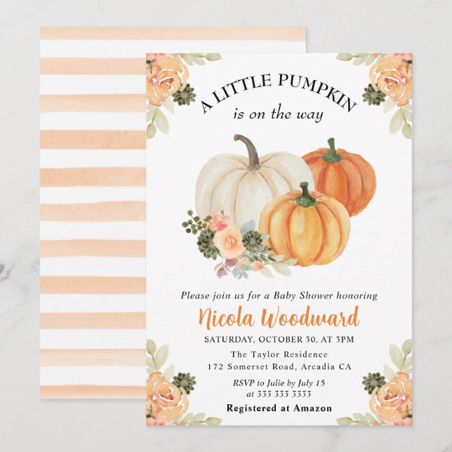 Wasserfarbenfallen Pumpkin und Cactus Baby Shower Einladung (Vorne/Hinten)
