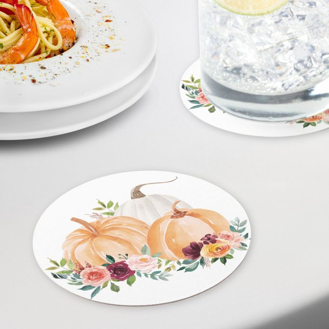 Wasserfarbenfallen Pumpkins und Boho-Blume Runder Pappuntersetzer (In situ dining table)