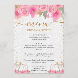 Wasserfarbenfallen Pumpkins und rosa Blume Hochzei Menükarte