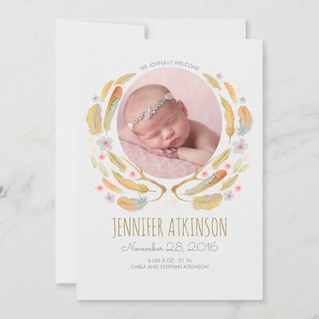 Wasserfarbenfeathers Antler Floral Boho Baby Birth Ankündigung (Vorderseite)
