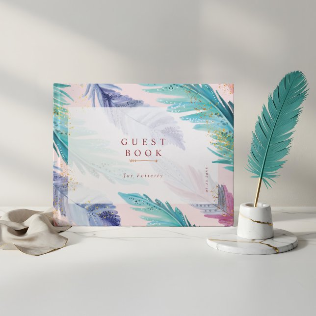 Wasserfarbenfedern Chic Bohemisch Girl Baby Dusche Gästebuch (Watercolor Feathers Chic Bohemian Girl Baby Shower Guest Book)