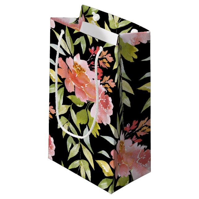 Wasserfarbenflora in Schwarz Kleine Geschenktüte (Vorderseite Schrägansicht)