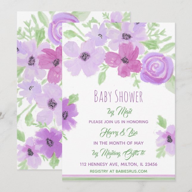 Wasserfarbenflorale Girl's Baby Shower by Mail Einladung (Vorne/Hinten)