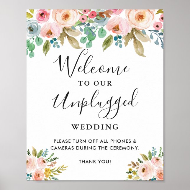 Wasserfarbenflorale Unplugged Wedding Ceremony Sig Poster (Vorne)