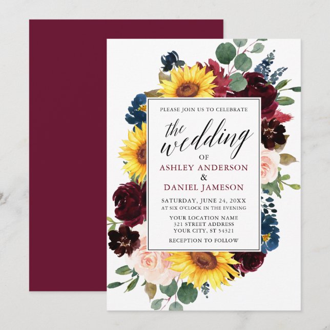Wasserfarbenflorenkalligrafie Burgundy Wedding Einladung (Vorne/Hinten)