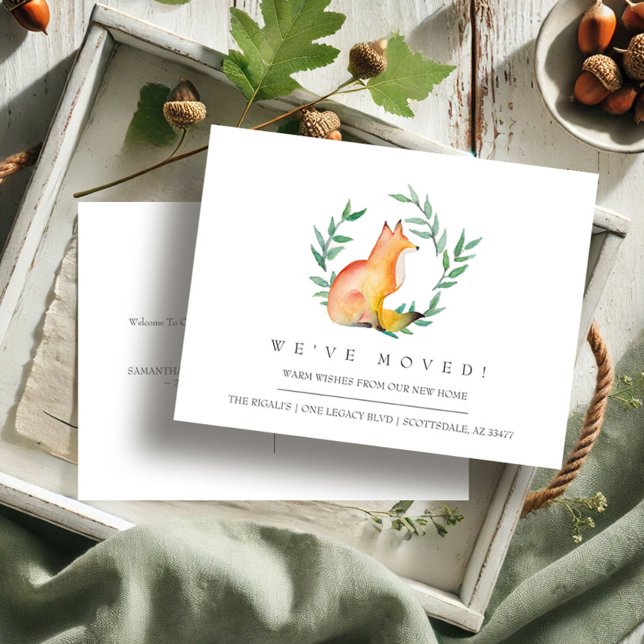Wasserfarbenfox - Ankündigung über neue Zuhause-Be Postkarte (Moving announcements watercolor fox and greenery art by Victoria Grigaliunas of VG Invites)