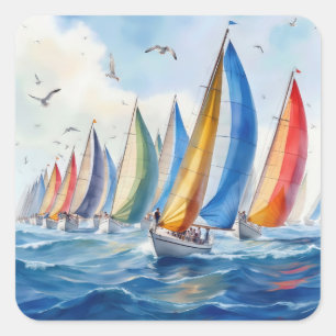 Wasserfarbenfrohe Artwork Sailboat Regatta Quadratischer Aufkleber
