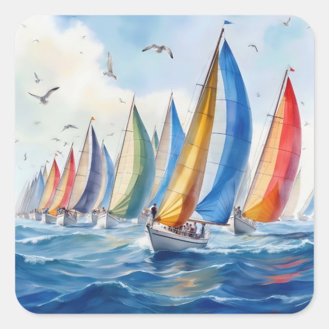 Wasserfarbenfrohe Artwork Sailboat Regatta Quadratischer Aufkleber (Vorderseite)