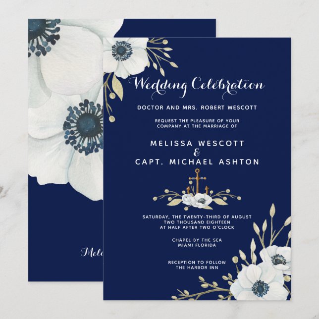 Wasserfarbenfrohe blaue Navy und weiße Hochzeit Einladung (Vorne/Hinten)