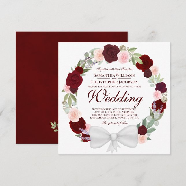 Wasserfarbenfrohe Blumenzeremonie Burgundy Red Wed Einladung (Vorne/Hinten)