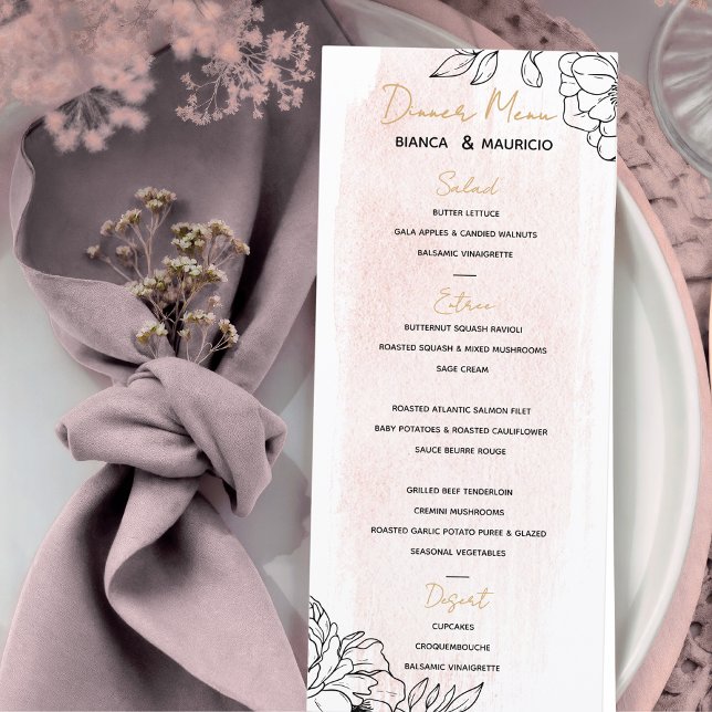 Wasserfarbenfrohe Elegante mit Schwarz-Blumen-Akze Menükarte (Blush Watercolor Elegance with Black Floral Accent Menu)