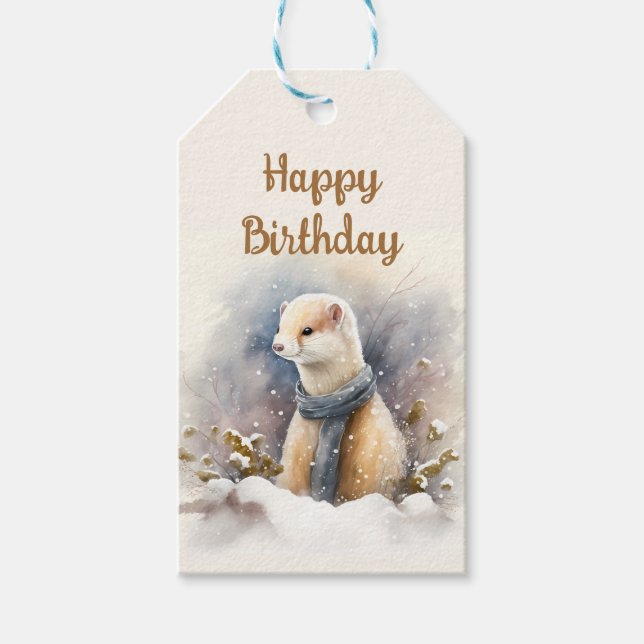 Wasserfarbenfrohe Ermine mit einem Scarf - Geburts Geschenkanhänger (Vorderseite)