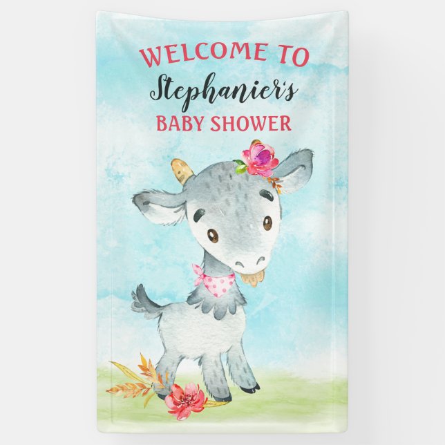 Wasserfarbenfrohe Girl Goat Baby Duschfarm Banner (Vertikal)