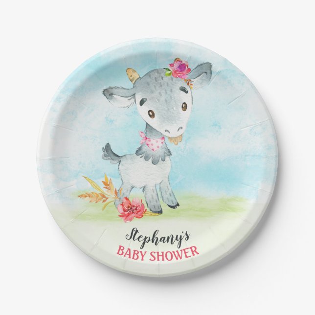 Wasserfarbenfrohe Girl Goat Baby Duschfarm Pappteller (Vorderseite)