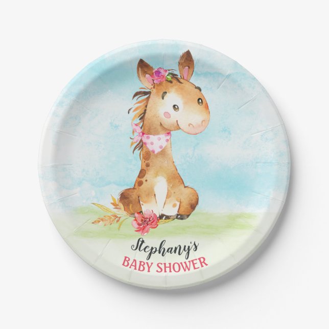 Wasserfarbenfrohe Girl Horse Baby Duschfarm Pappteller (Vorderseite)