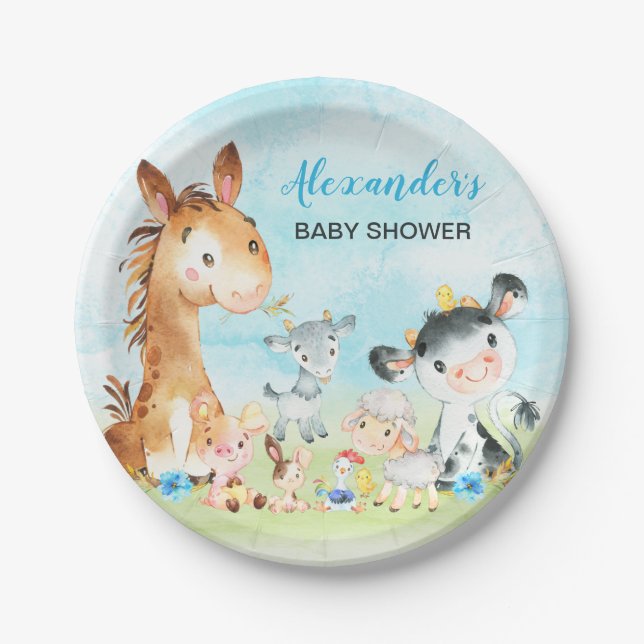 Wasserfarbenfrohe Landtiere Boy Baby Dusche Pappteller (Vorderseite)