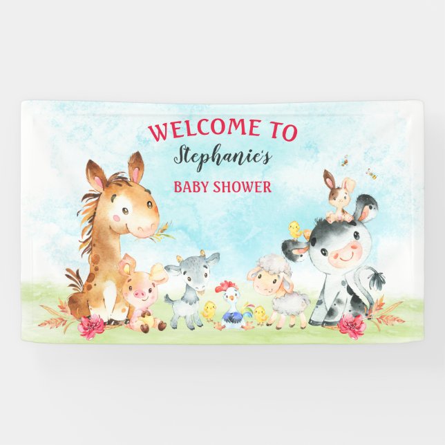 Wasserfarbenfrohe Landtiere Mädchen Kinderdusche Banner (Horizontal)