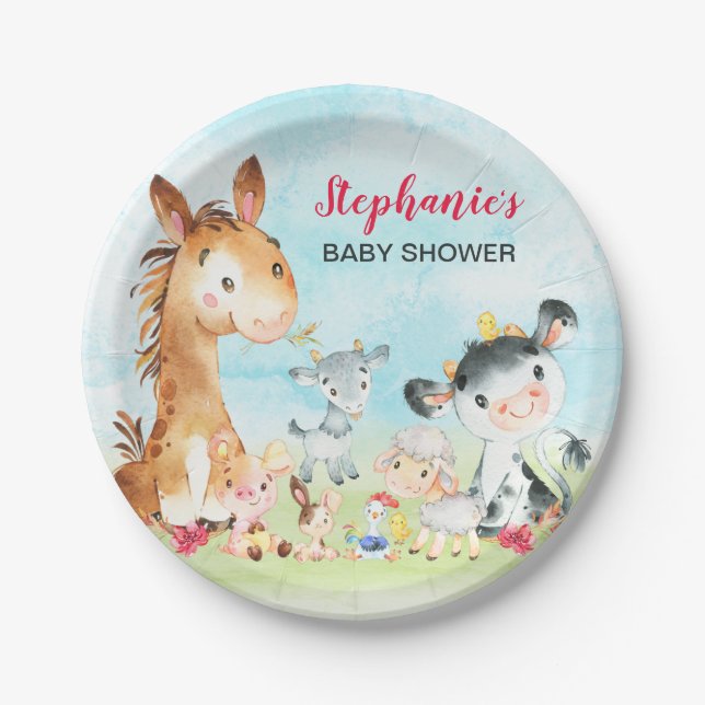 Wasserfarbenfrohe Landtiere Mädchen Kinderdusche Pappteller (Vorderseite)