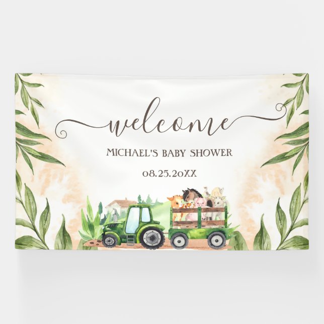 Wasserfarbenfrohe Landtiere Traktor Babydusche Banner (Horizontal)