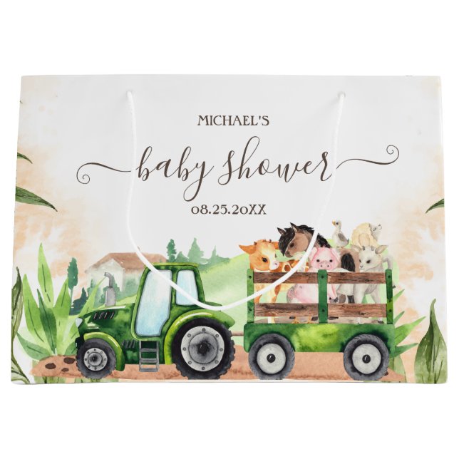 Wasserfarbenfrohe Landtiere Traktor Babydusche Große Geschenktüte (Vorderseite)
