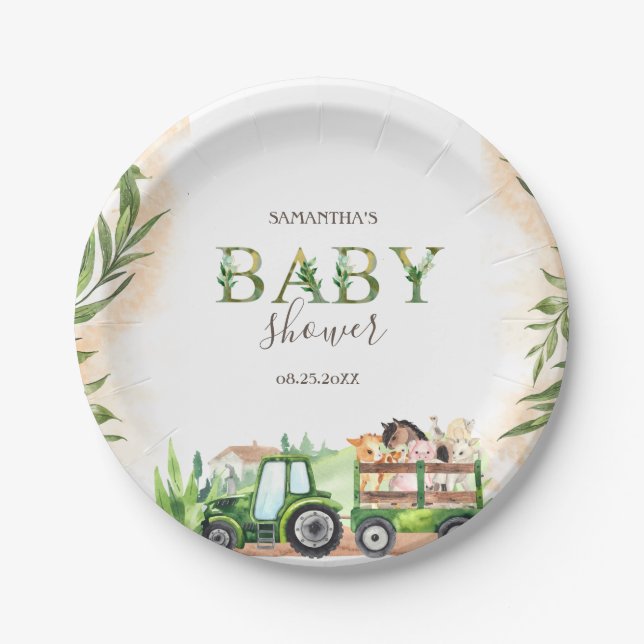Wasserfarbenfrohe Landtiere Traktor Babydusche Pappteller (Vorderseite)