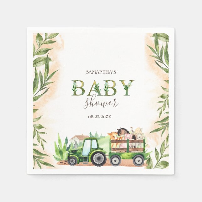 Wasserfarbenfrohe Landtiere Traktor Babydusche Serviette (Vorderseite)