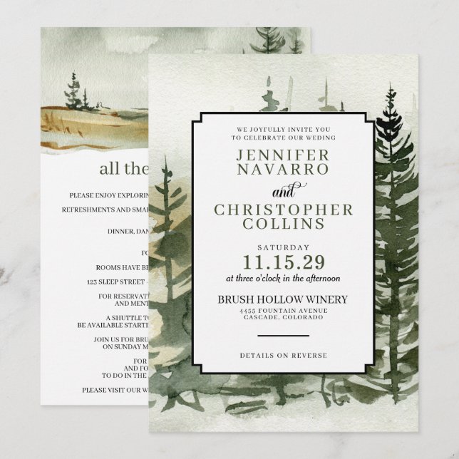 Wasserfarbenfrohe Outdoorsy mit Details Hochzeit Einladung (Vorne/Hinten)