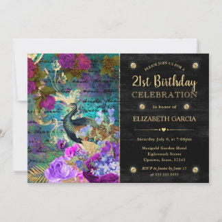 Wasserfarbenfrohe Pfau und Blume Geburtstag Einladung