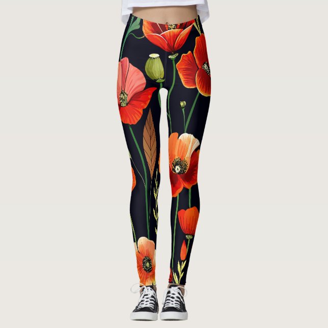 Wasserfarbenfrohe Poppies auf schwarz Leggings (Vorderseite)