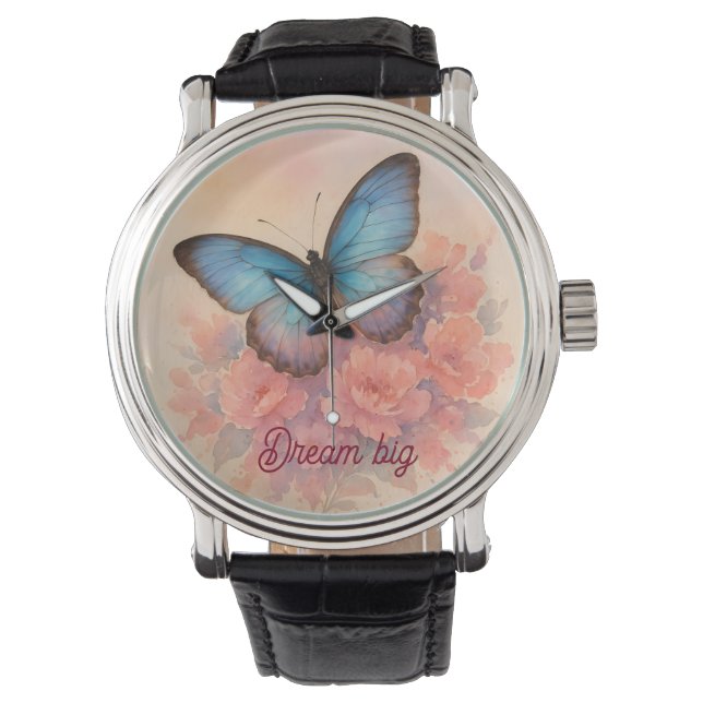 Wasserfarbenfrohe Schmetterlinge und Blumen Elegan Armbanduhr (Vorderseite)
