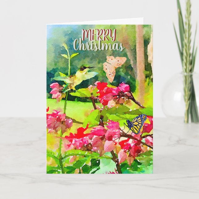 Wasserfarbenfrohe Schmetterlinge und Hummingvogel  Karte (Vorderseite)