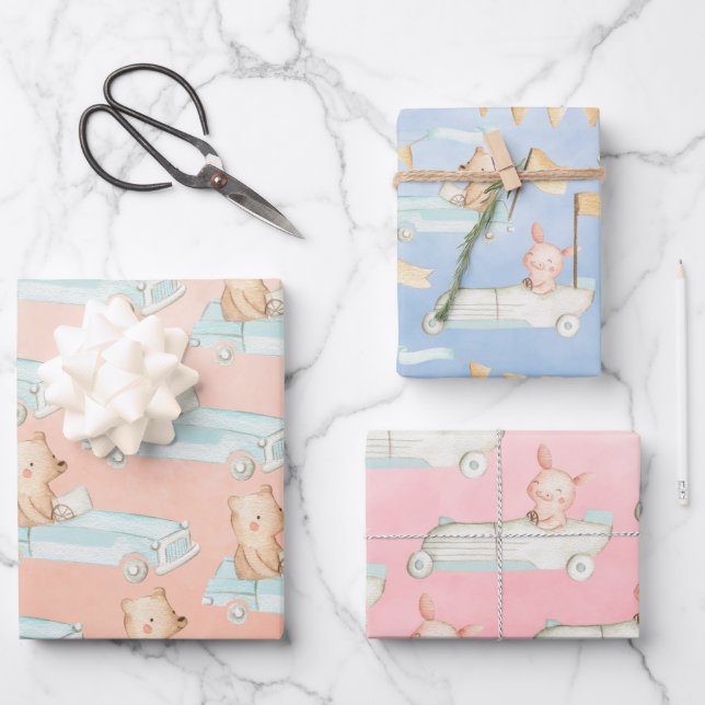 Wasserfarbenfrohe Sportwagen Geschenkpapier Set (Vorderseite)