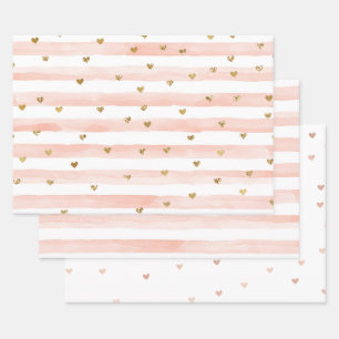 Wasserfarbenfrohe Streifen Gold Glitzer Herz   Geschenkpapier Set