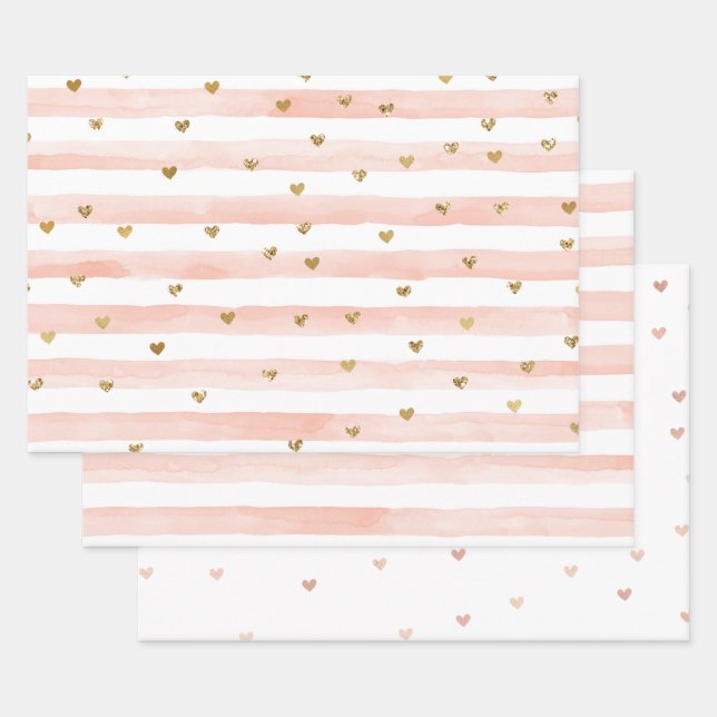 Wasserfarbenfrohe Streifen Gold Glitzer Herz Geschenkpapier Set (Set)