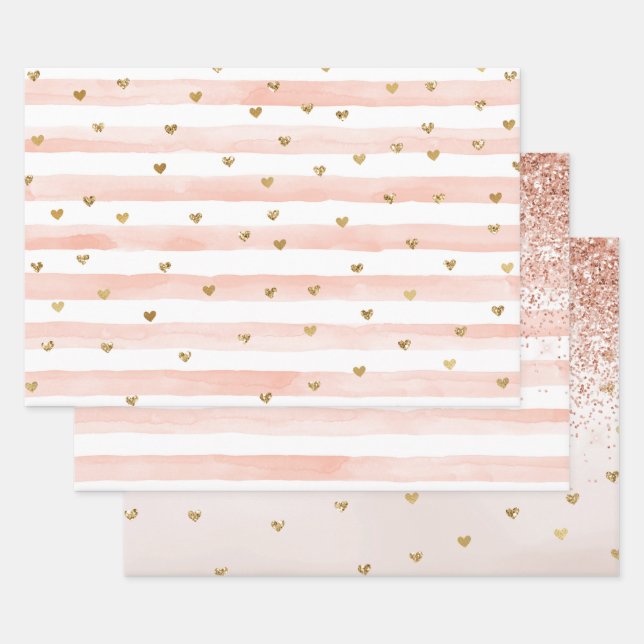Wasserfarbenfrohe Streifen Gold Glitzer Herz Geschenkpapier Set (Set)