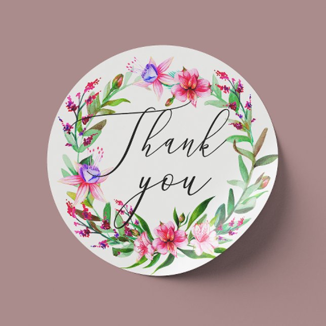 Wasserfarbenfrohe tropische Blumen Hochzeit danke Runder Aufkleber (Von Creator hochgeladen)