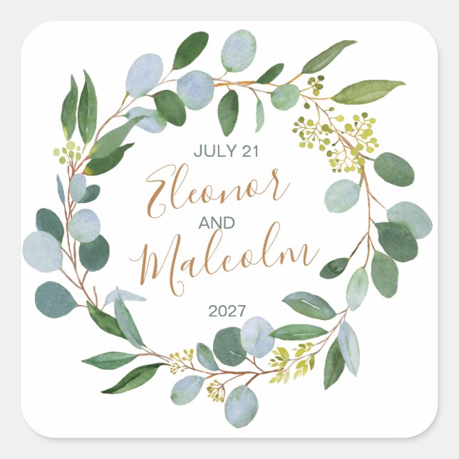 Wasserfarbenfroher Kranz, Eukalyptus Wedding Quadratischer Aufkleber (Vorderseite)