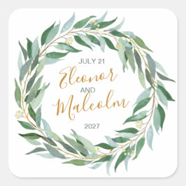 Wasserfarbenfroher Kranz, Eukalyptus Wedding Quadratischer Aufkleber