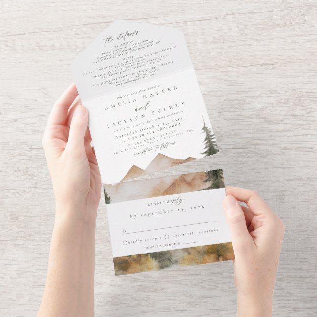 Wasserfarbengebirge Hochzeit in einer Einladung (Abreißen)