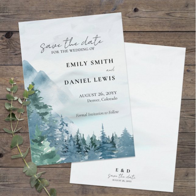 Wasserfarbengebirge Hochzeiten Dusty Blue Rustikal Save The Date (Rustic Mountains Wedding Save the Date in Watercolor with Modern Typography)