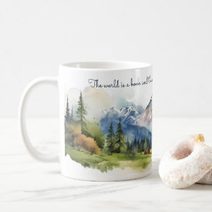 Wasserfarbengebirge Landschaft im Tal mit Zitaten Kaffeetasse