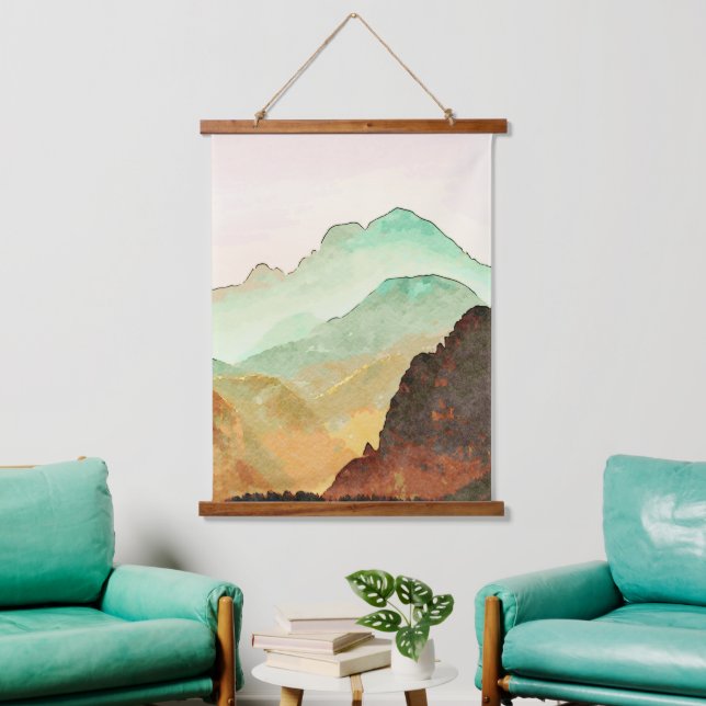 Wasserfarbengebirge Landschaft in Aquamarin und br Wandteppich Mit Holzrahmen (Wohnzimmer)