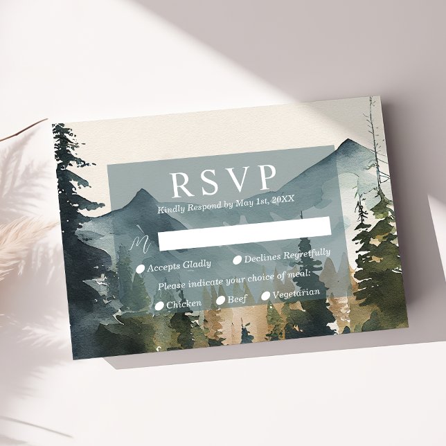 Wasserfarbengebirge und -kiefern mit RSVP-Karte RSVP Karte (Von Creator hochgeladen)