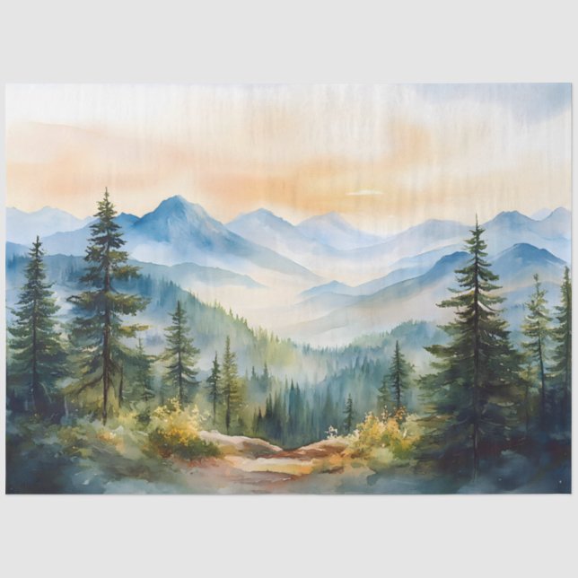 Wasserfarbengebirge und Pinienbäume Seidenpapier (Vorderseite)
