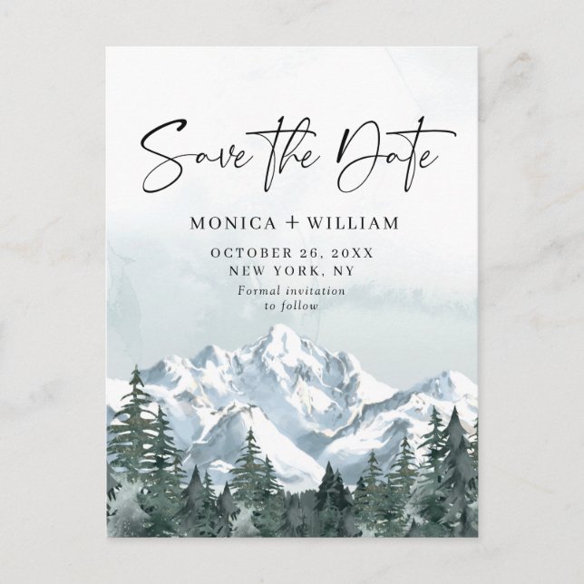 Wasserfarbengebirge Waldhochzeit retten das Datum Postkarte (Vorderseite)