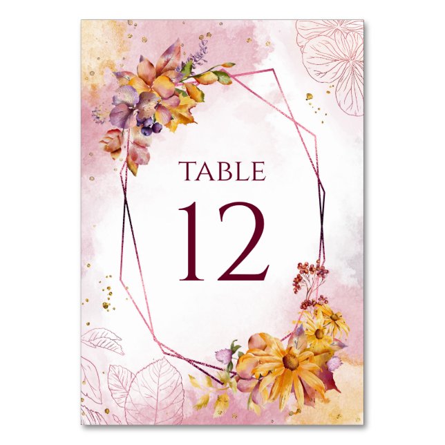 Wasserfarbengeometrische Floral Fall Burgundy Wedd Tischnummer (Vorderseite)