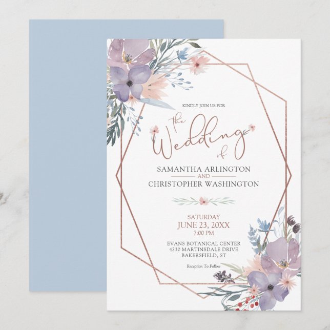 Wasserfarbengeometrische Hochzeit Dusty Blue Einladung (Vorne/Hinten)