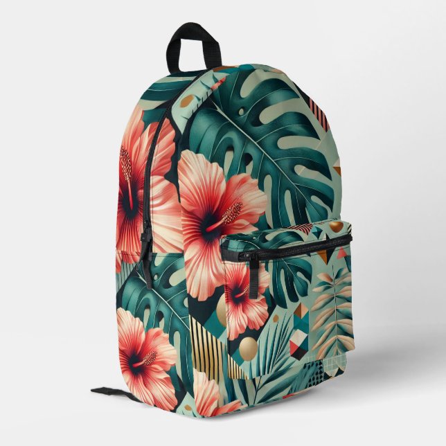 Wasserfarbengeometrisches tropisches Design Bedruckter Rucksack (Rückseitige Ecke links)