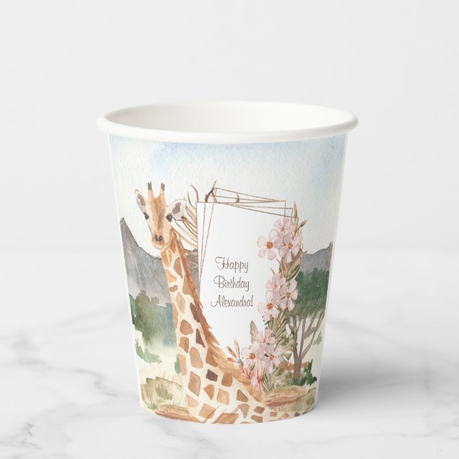 WasserfarbenGiraffe in African Savannah Birthday Pappbecher (Vorderseite)