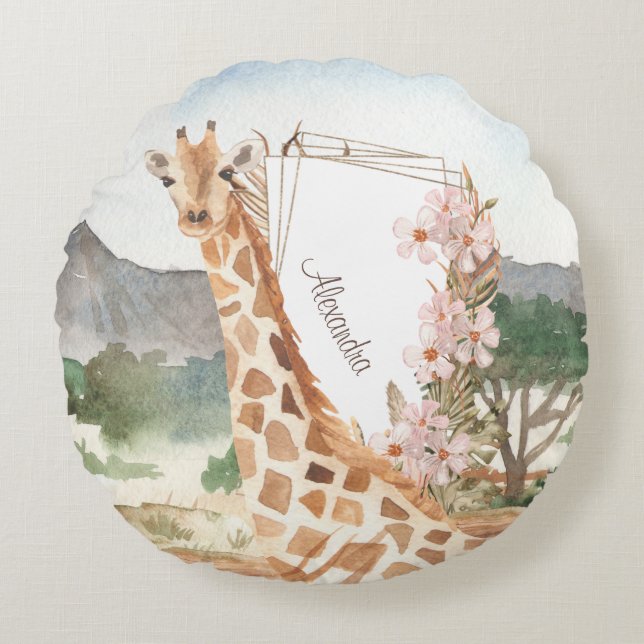 WasserfarbenGiraffe in African Savannah Kids Rundes Kissen (Vorderseite)